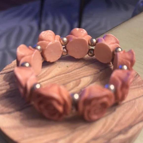 Pink Rose Carved Bracelet with Gold Connectors - Picture 2 of 3